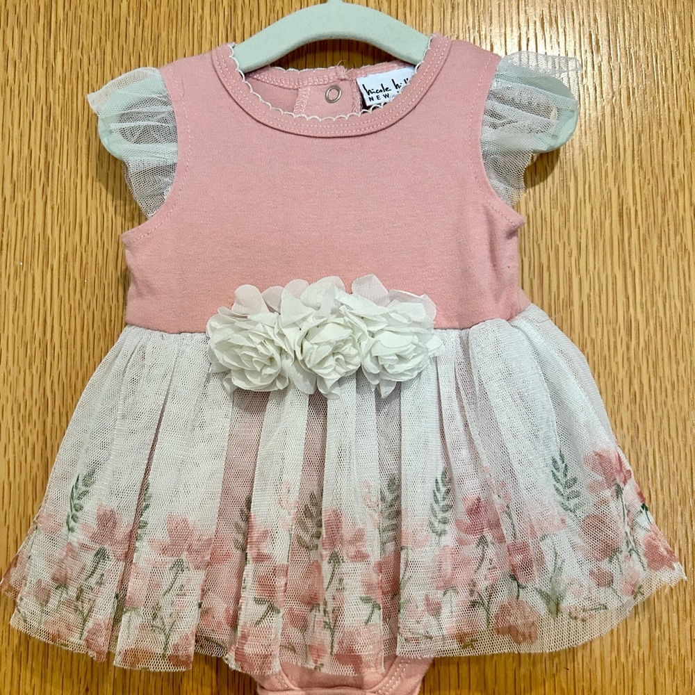 Nicole Miller Pink and White Floral Tulle Baby Bodysuit